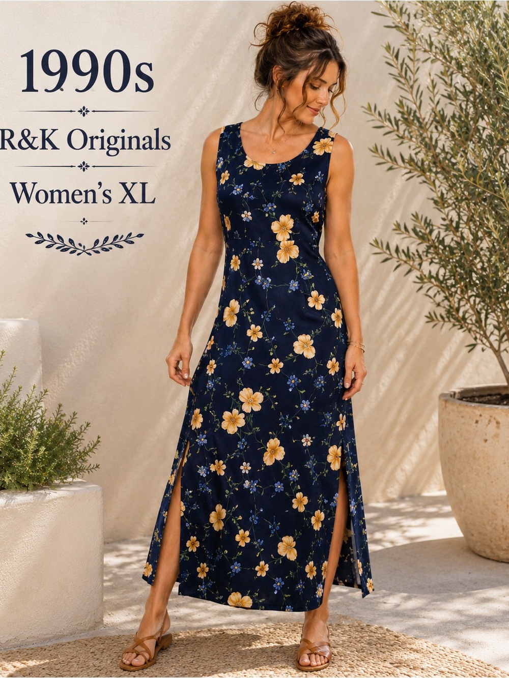 Vintage 90s R&K Originals Floral Rayon Crinkle Midi Dress XL